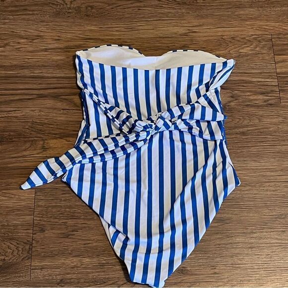 Strapless Summer Beach Striped Knot Front One Piece Swimsuit Blue White Large - Picture 4 of 10